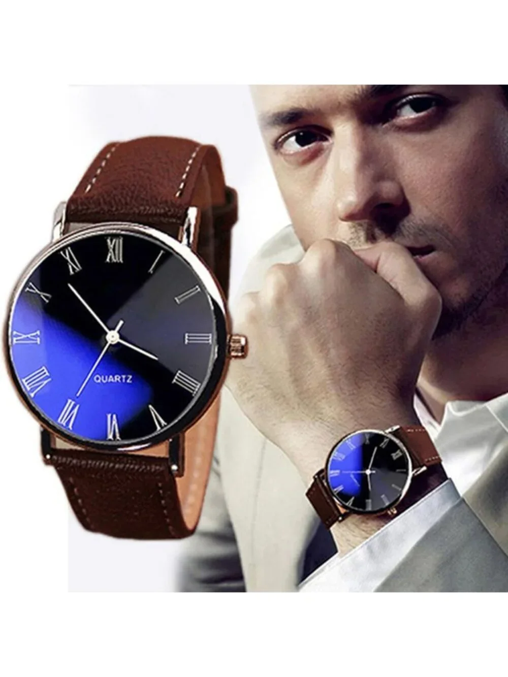 Men's Brown Analog Quartz Simple Solid Leather Band Casual Classic Wrist Watch