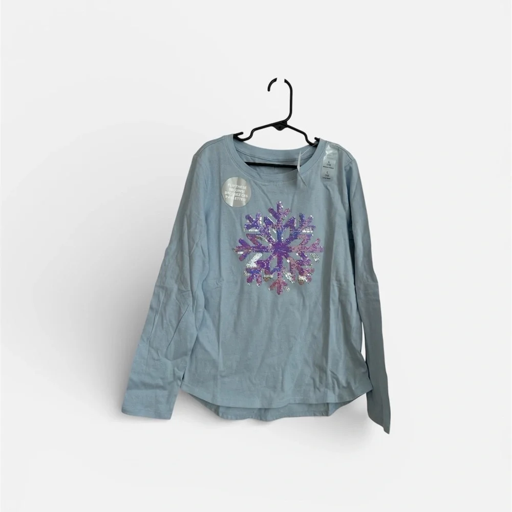 Gap Kids Blue Long Sleeve Flip Sequin Snowflake Crewneck Cotton Shirt Sz L 10