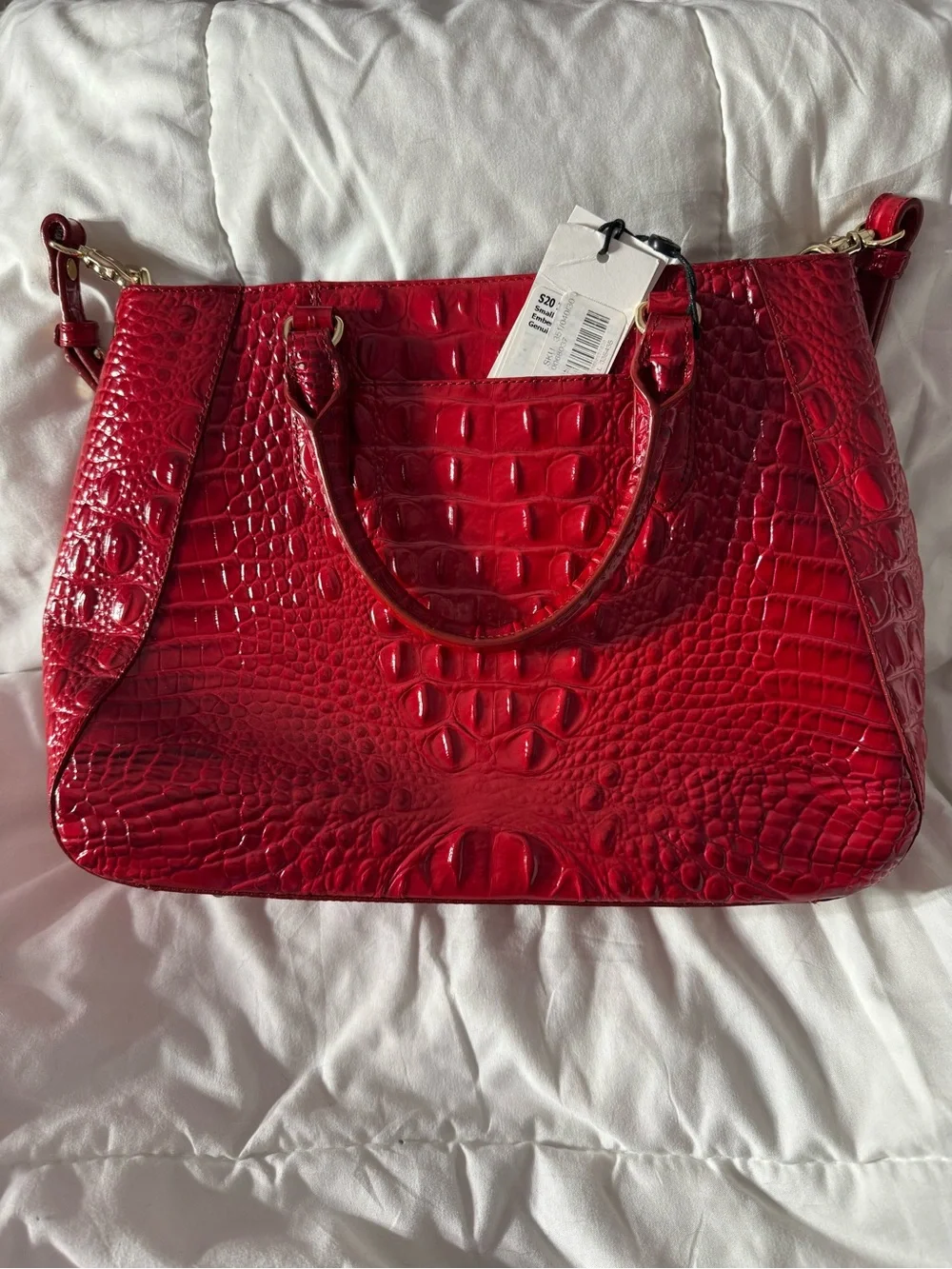 Brahmin Glossy Red Croc-Embossed Satchel with Gold Accents