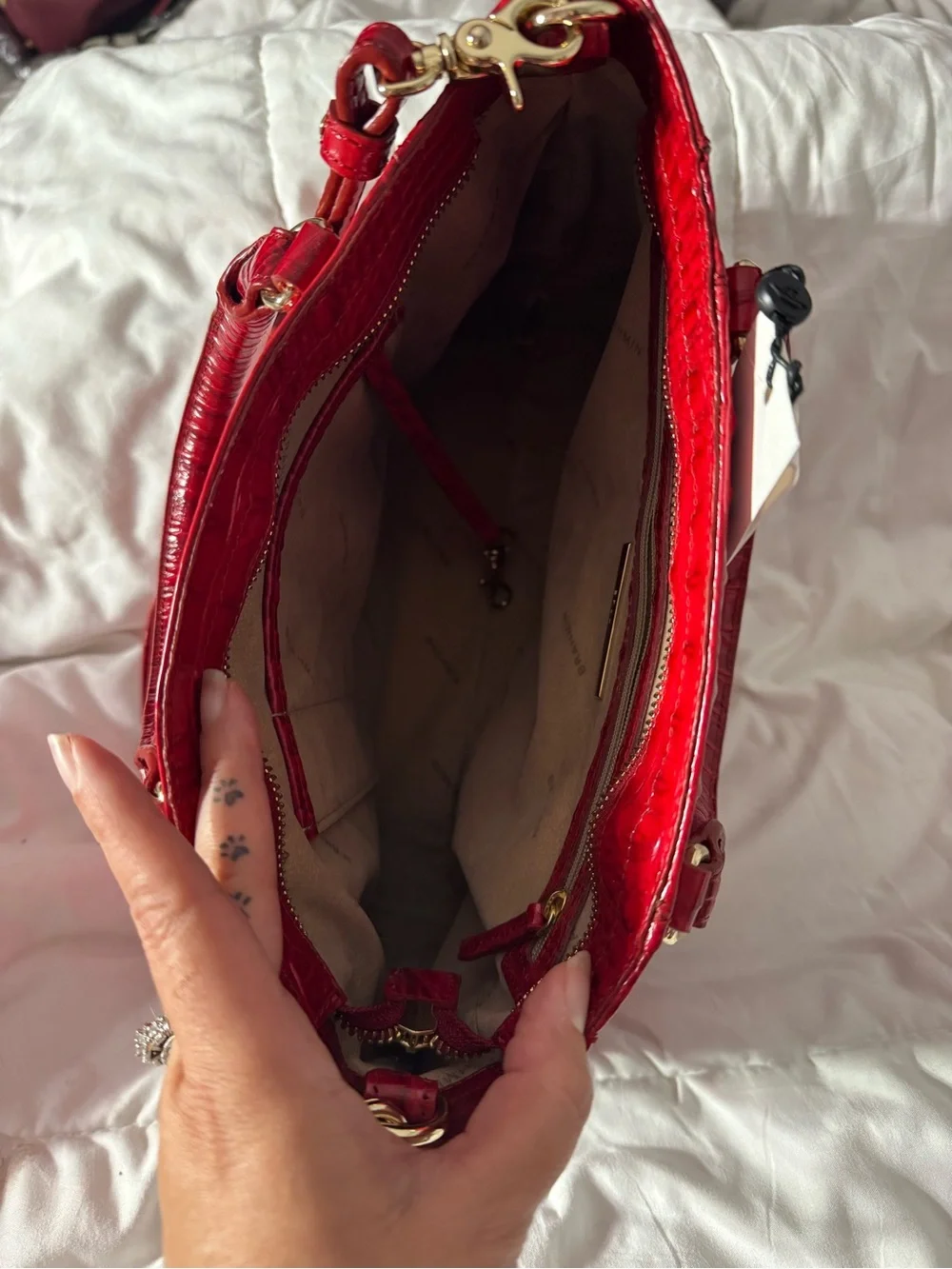 Brahmin Glossy Red Croc-Embossed Satchel with Gold Accents