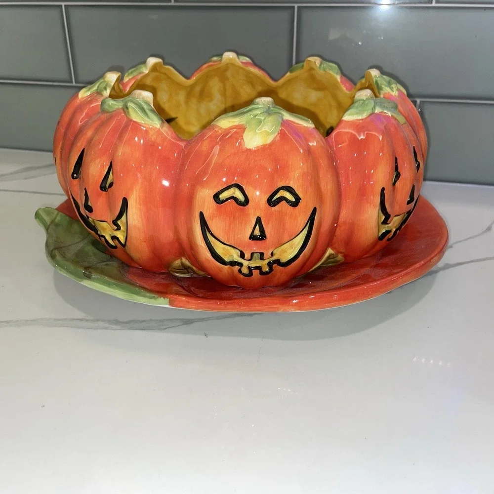 Certified International Halloween Pumpkin Cookie Platter & Candy Bowl Set Orange