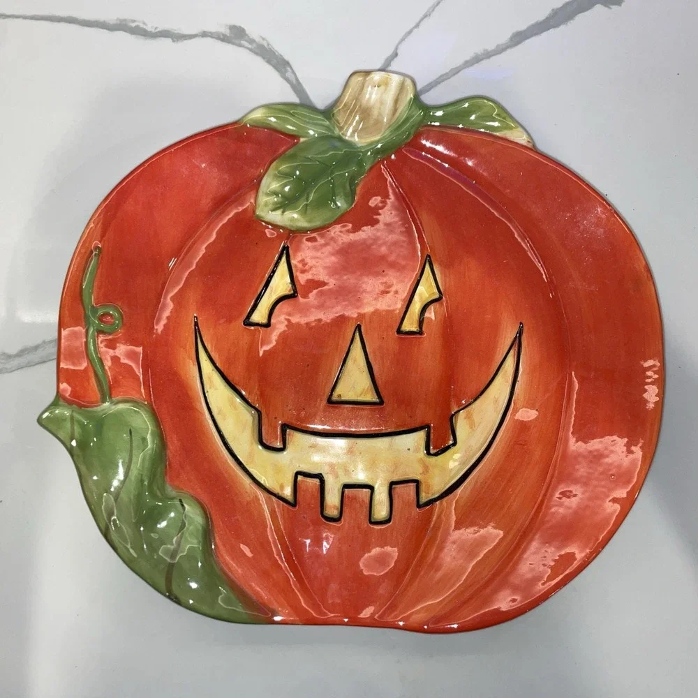 Certified International Halloween Pumpkin Cookie Platter & Candy Bowl Set Orange