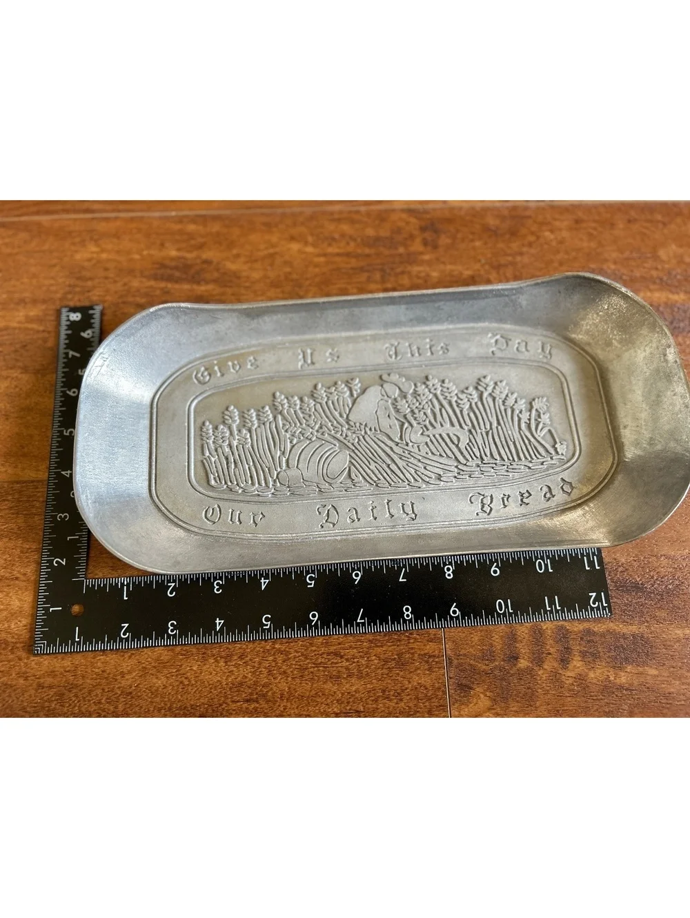 Vintage Metal Tray with 'Give Us This Day Our Daily Bread' Embossed Design