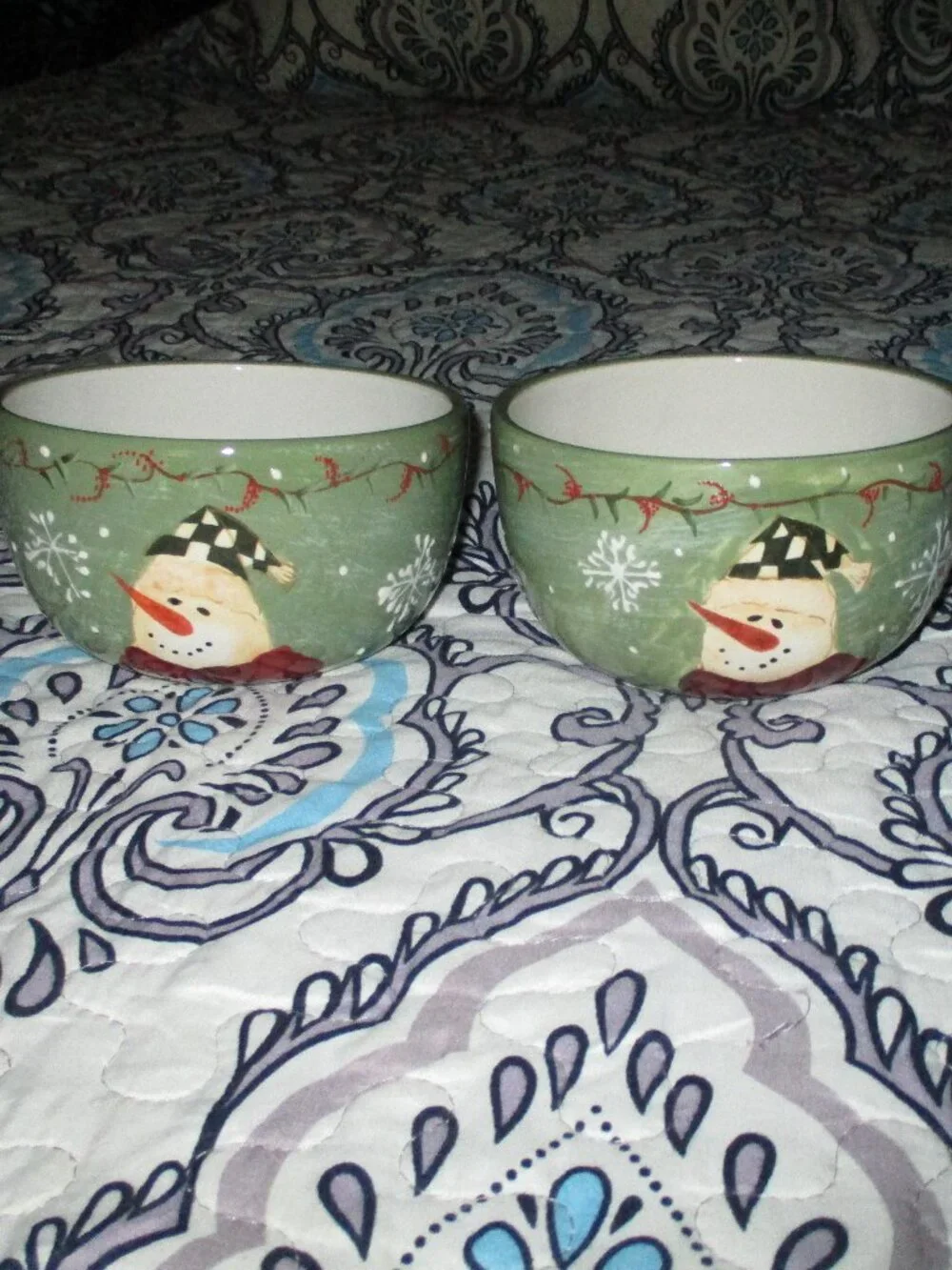 2 Becca Barton Green Holiday Cereal Bowls Dishes Set Snowman
