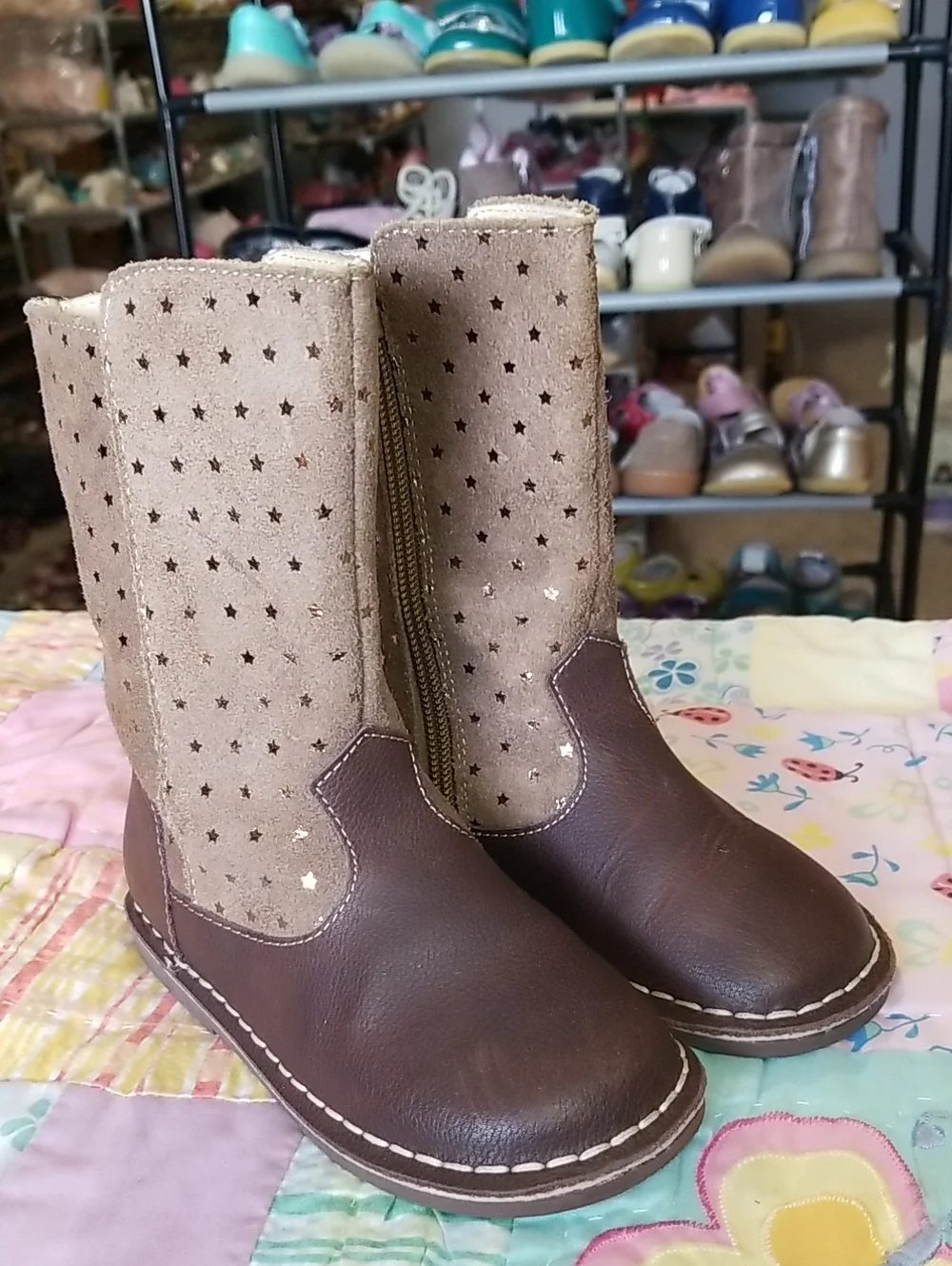 Livie & Luca Brown Leather and Tan Suede Boots With Gold Foil Stars Size 10 Vega