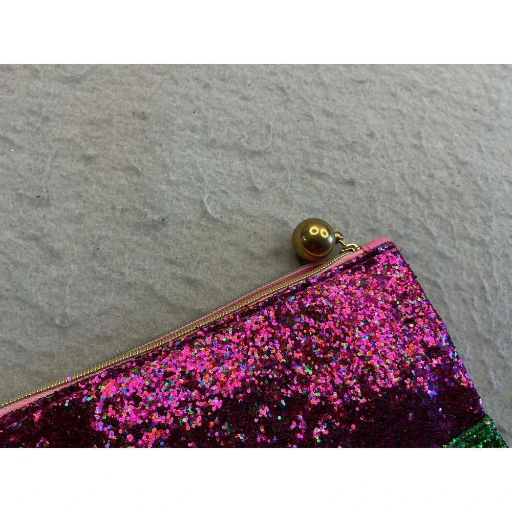 Ipsy Makeup Bag Pink Green Glitter Two Tone Cosmetic Pouch Gold Ball Zipper S
