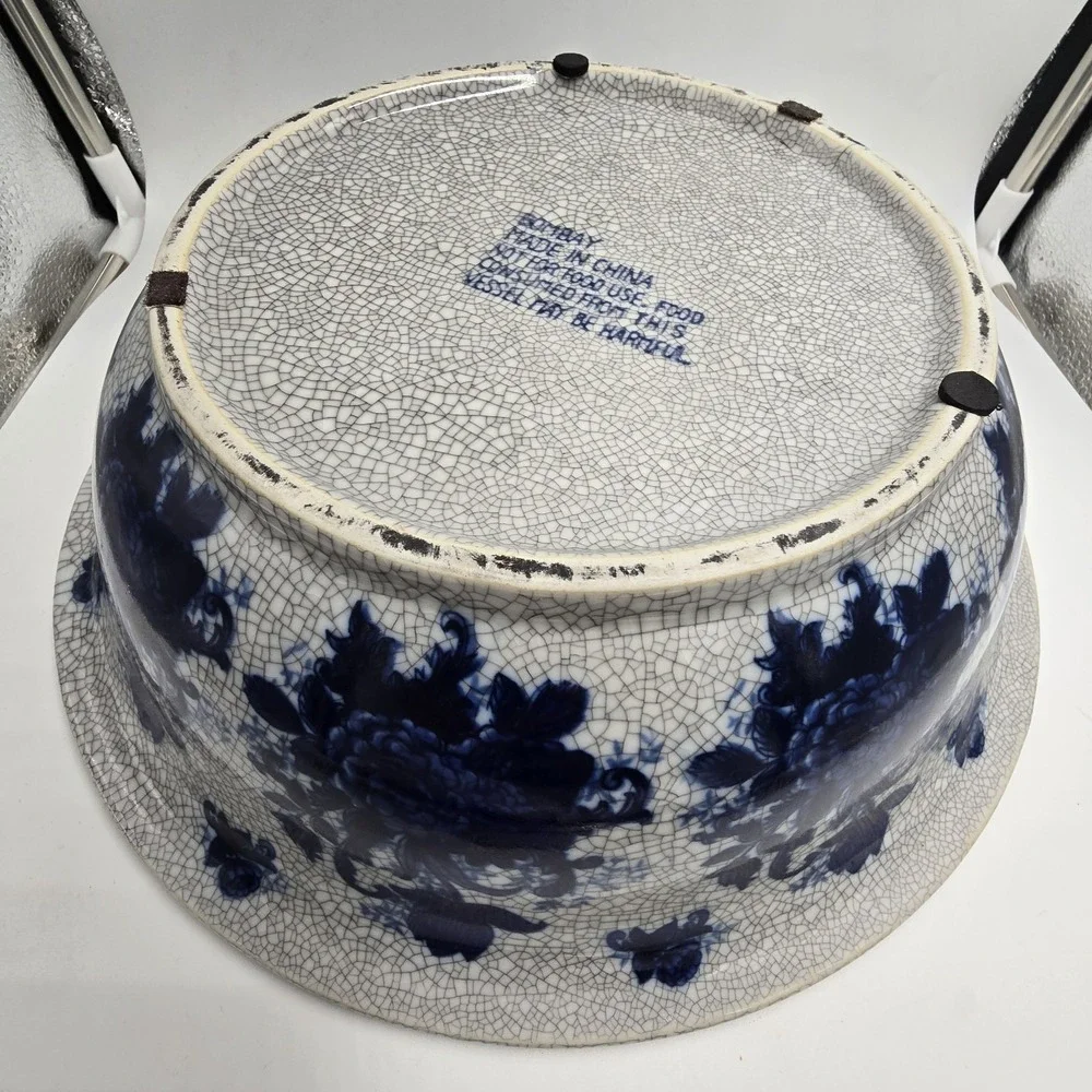 VTG 90s Bombay Chinese Floral Porcelain Bowl Crackle Finish Heavy 12