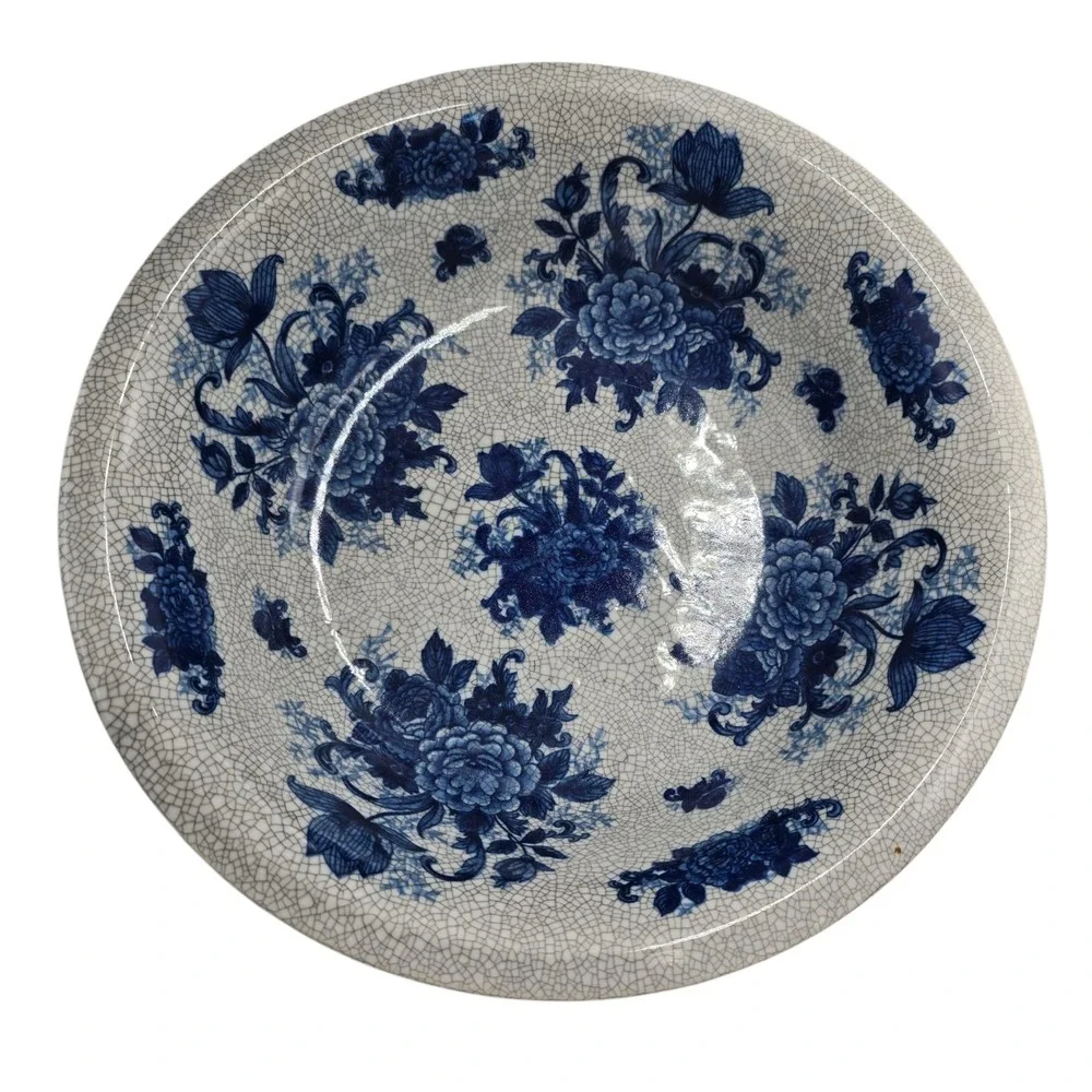 VTG 90s Bombay Chinese Floral Porcelain Bowl Crackle Finish Heavy 12