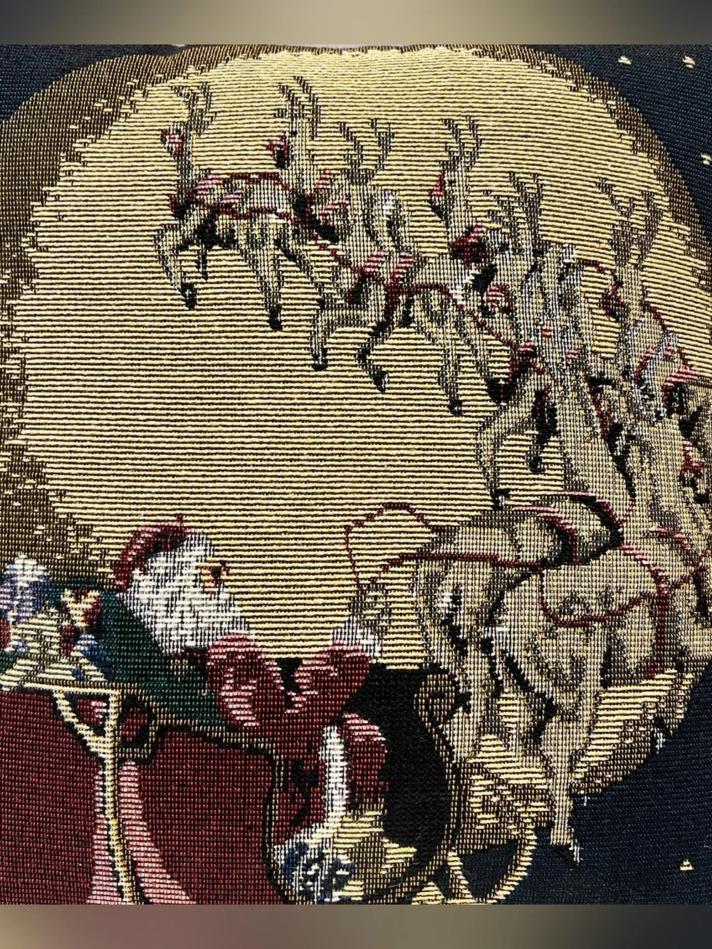 Vintage Kmart Christmas Tapestry Pillow Santa Sleigh Reindeer 14”