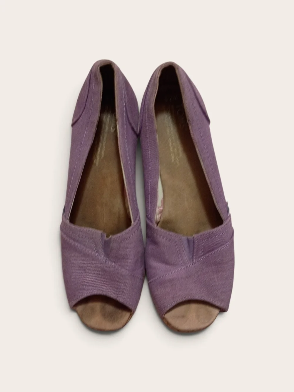 TOMS Lavender Canvas Cork Wedge Peep Toe Heels