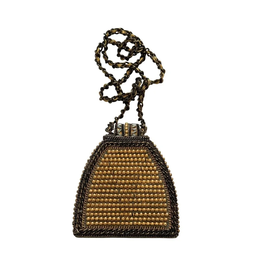 Mary Frances Beaded Mini Crossbody Bag Wearable Art Deco Gold Metal Suede Purse