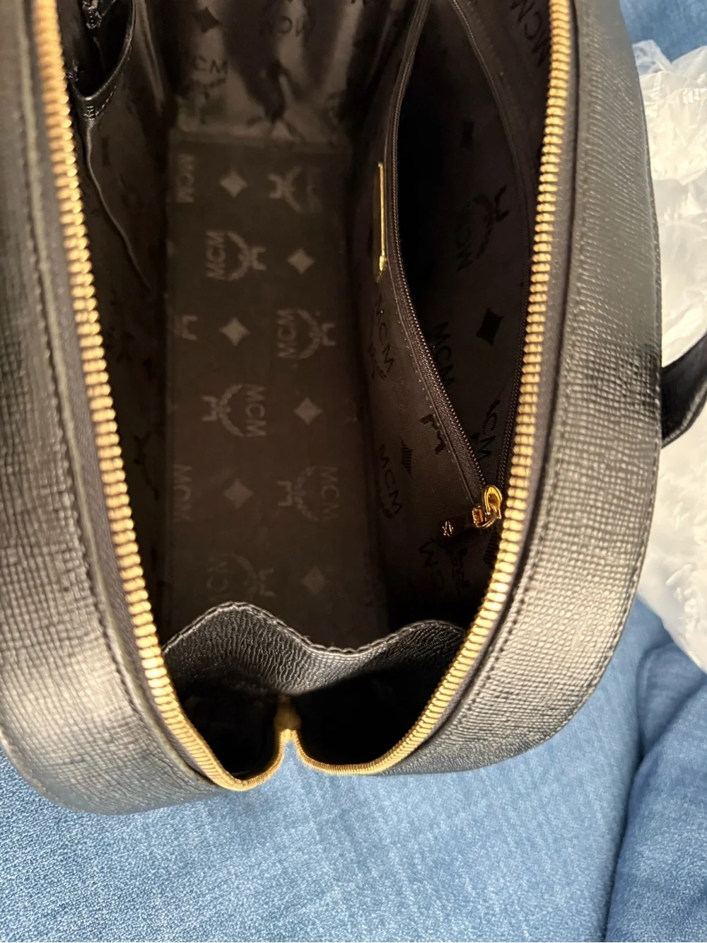 MCM Black Textured Leather Dome Satchel with Gold Accents
