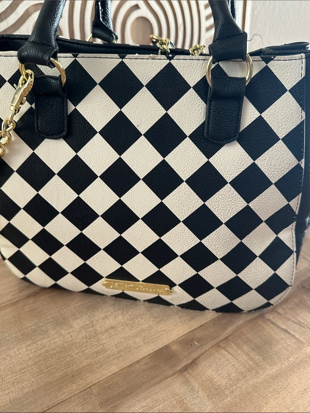Betsey Johnson Black & White Checker Satchel with Red Sequin Bow