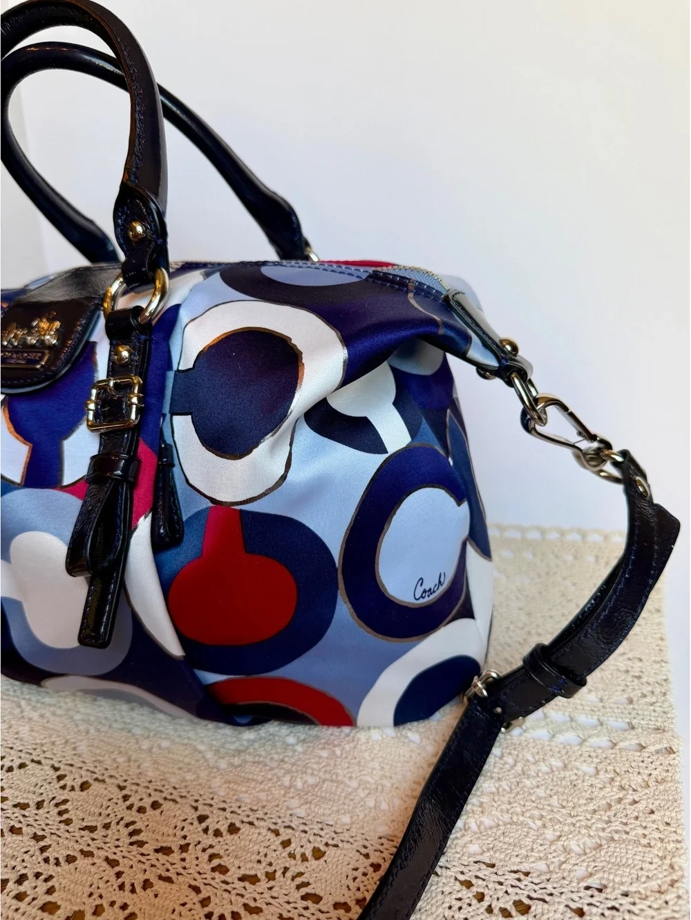 Coach 21233 Kristin Op Art Satin Satchel Crossbody Bag Blue Red Patent Leather