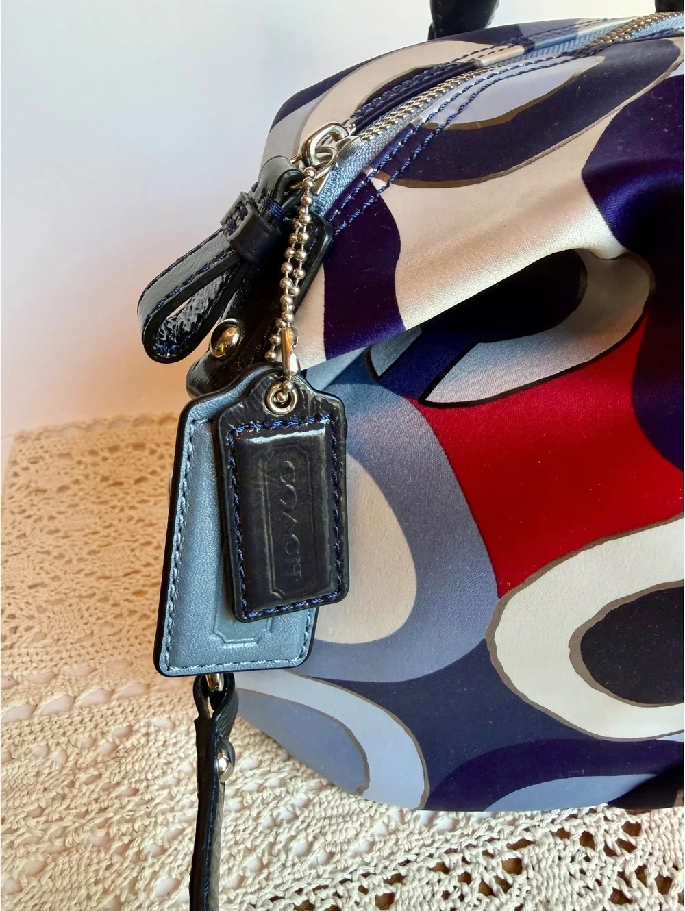 Coach 21233 Kristin Op Art Satin Satchel Crossbody Bag Blue Red Patent Leather