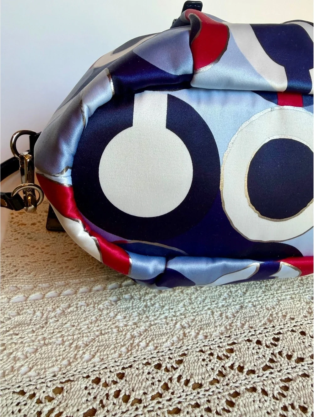 Coach 21233 Kristin Op Art Satin Satchel Crossbody Bag Blue Red Patent Leather