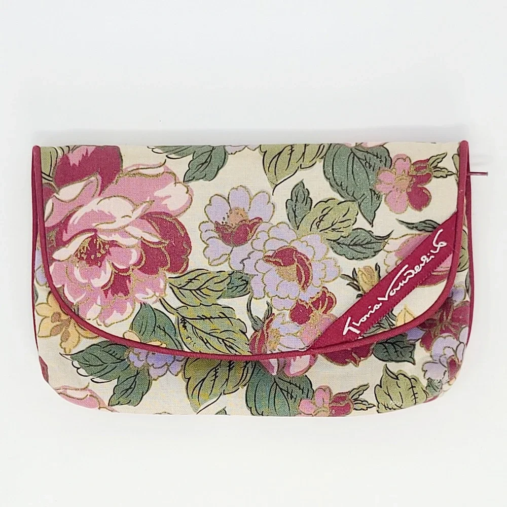 Vintage Gloria Vanderbilt Floral Makeup Bag Women 7in Burgundy Pink Green Pouch