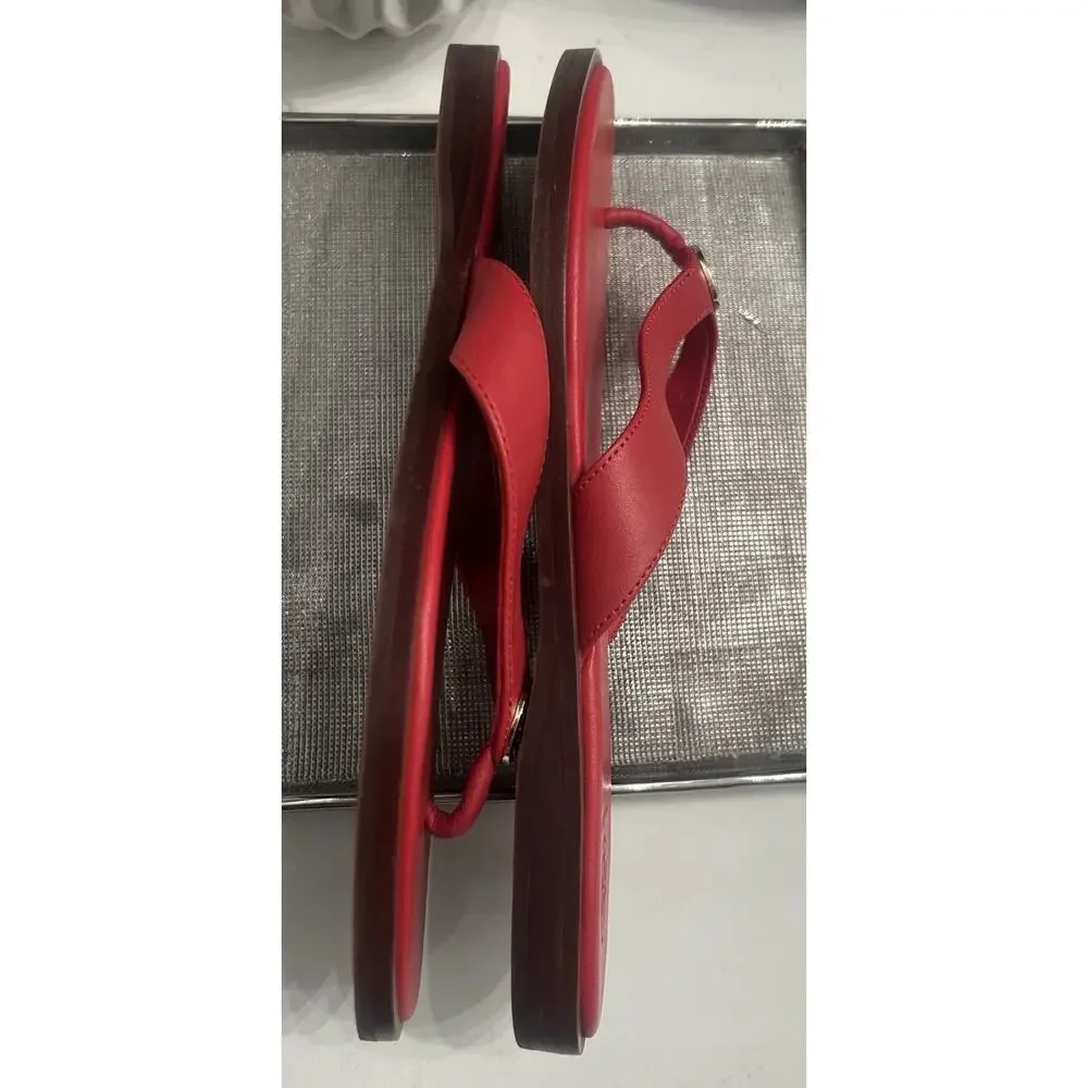 Tory Burch Benton Thong Red Leather Sandals Size 9M Gold Logo