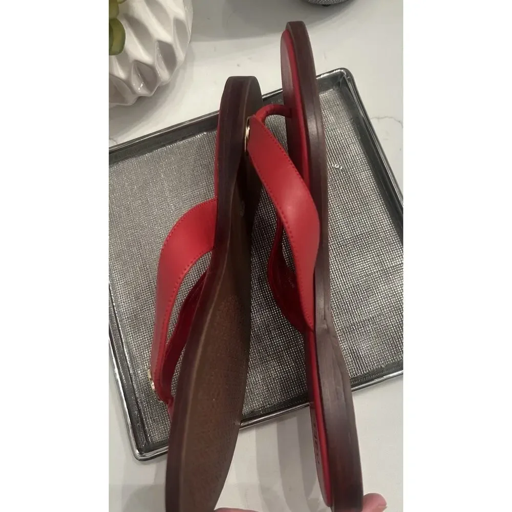 Tory Burch Benton Thong Red Leather Sandals Size 9M Gold Logo