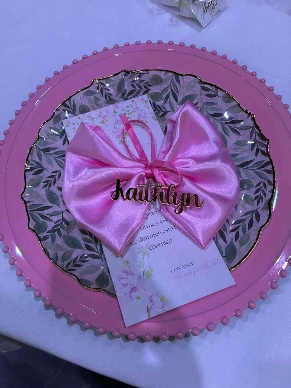 Personalized Pink Satin Bow Place Setting Accent