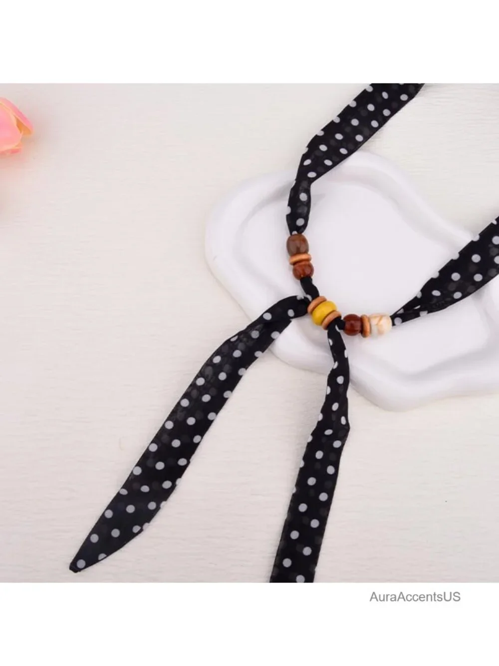 Vintage Polka Dot Scarf Necklace Choker with Charm, Silk Feel, Long Skinny
