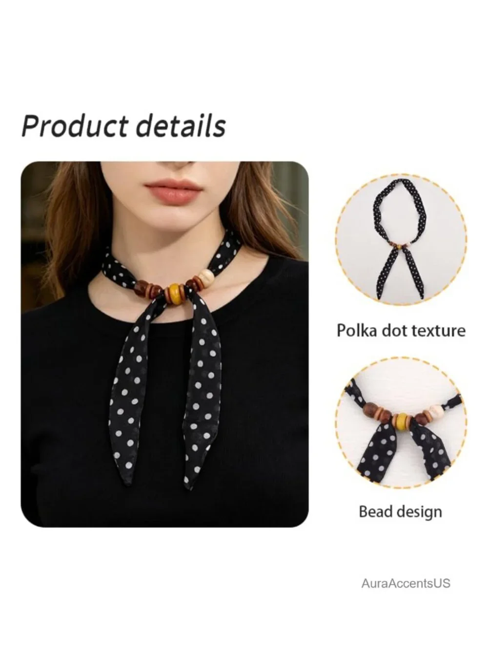 Vintage Polka Dot Scarf Necklace Choker with Charm, Silk Feel, Long Skinny