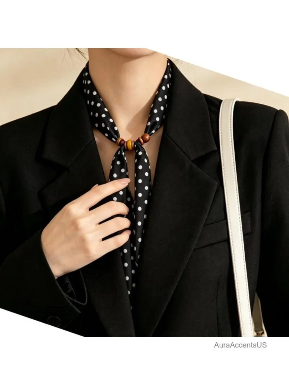 Vintage Polka Dot Scarf Necklace Choker with Charm, Silk Feel, Long Skinny