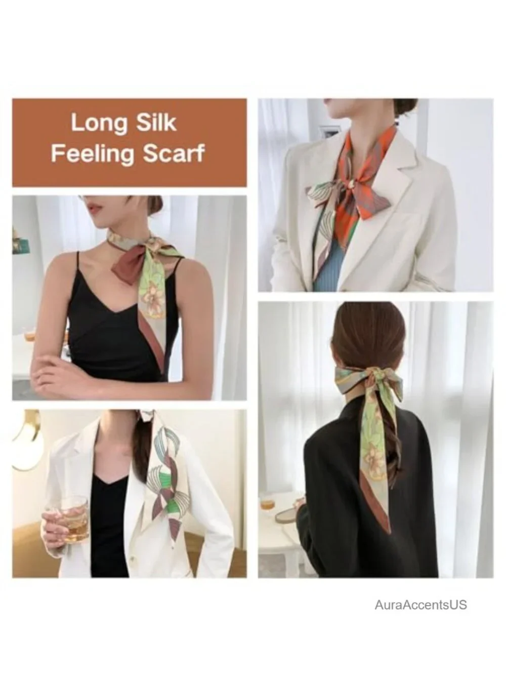 2 Pack Silk Purse Scarf for Handbags Hair Ribbon Fashion Skinny Scarf for Women