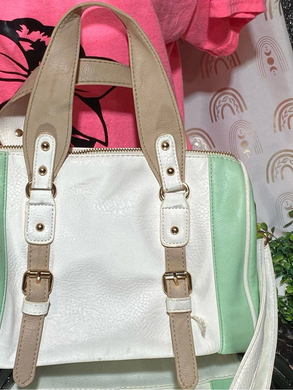 Charming Charlie Mint Green, White & Tan Satchel