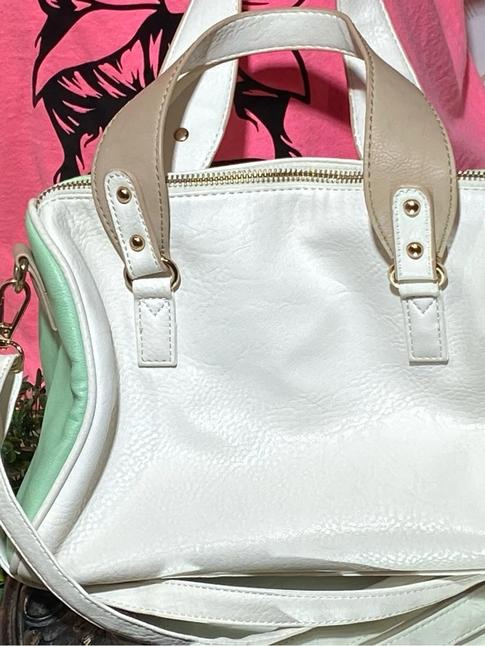 Charming Charlie Mint Green, White & Tan Satchel