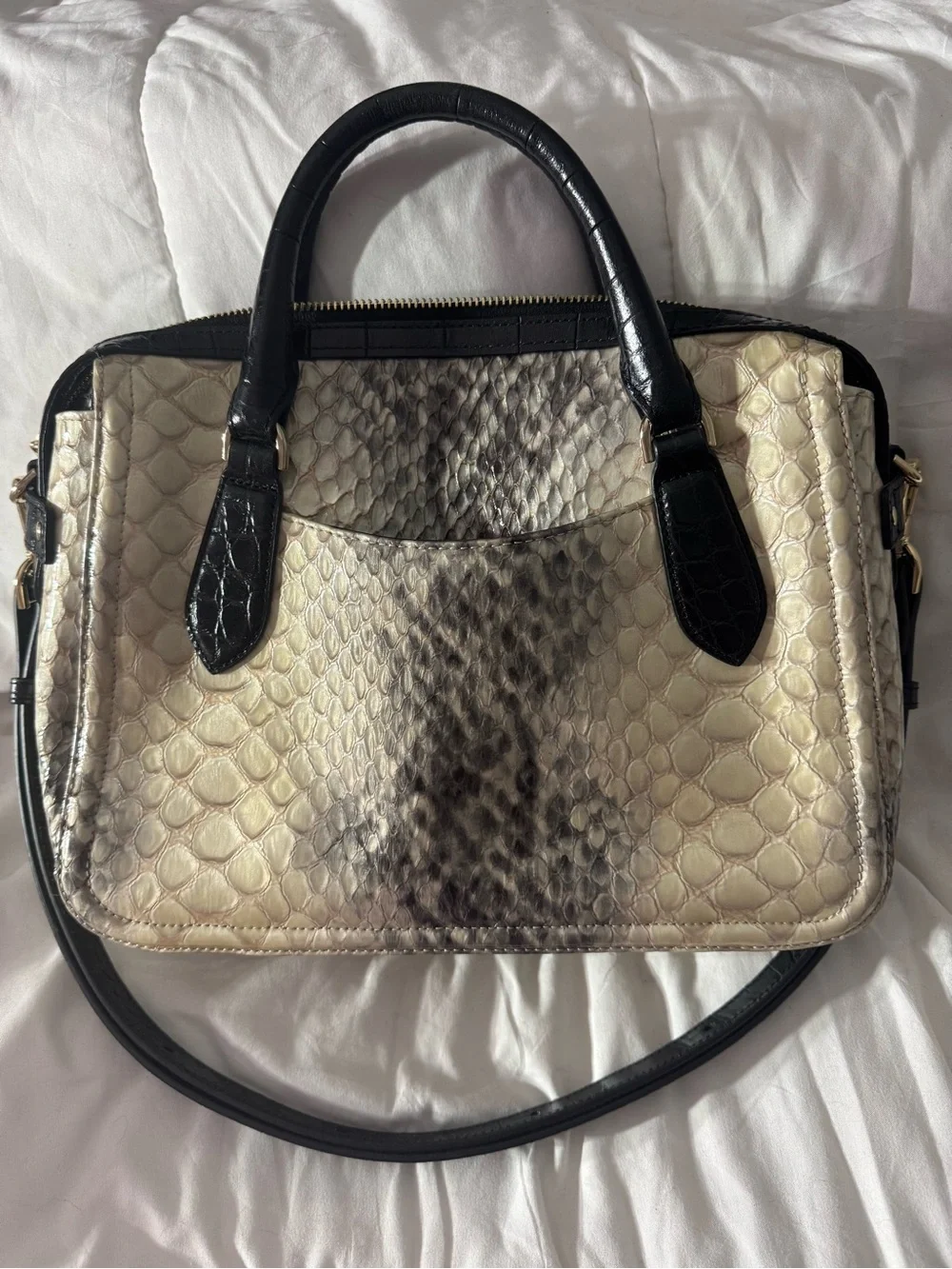 Brahmin Python-Embossed Satchel in Cream and Black