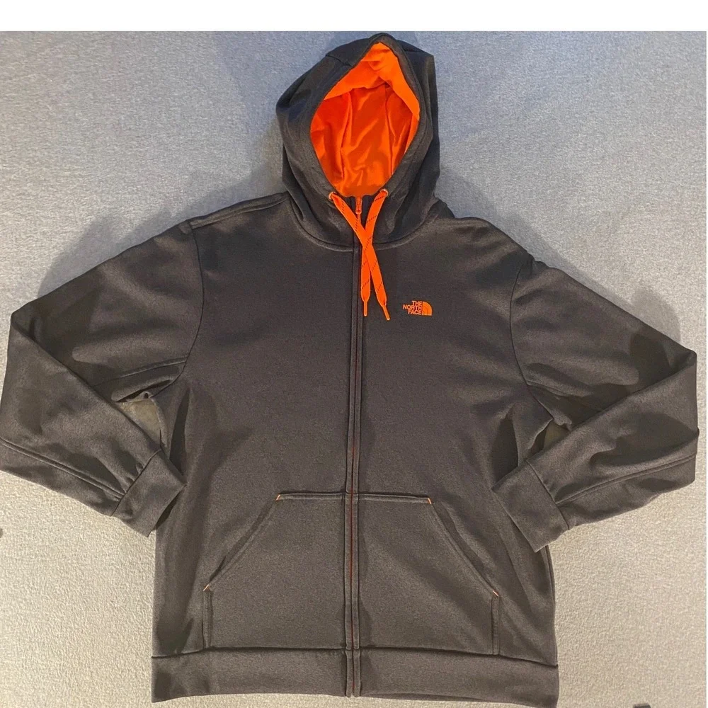 The North Face Mens XL Full Zip Hoodie Fleece Charcoal Gray Orange Logo