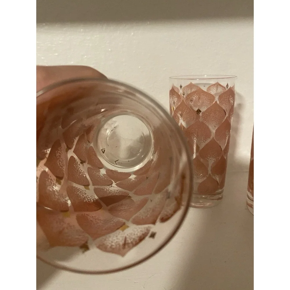 Vintage MCM Fred Press Glass Tumbler Set Of Four Pink And Gold High Ball Glasses