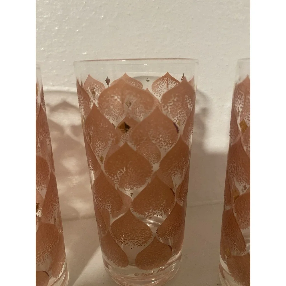 Vintage MCM Fred Press Glass Tumbler Set Of Four Pink And Gold High Ball Glasses