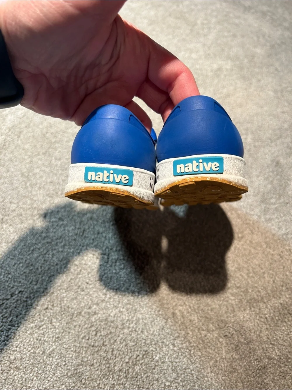 Native Shoes Kids Slip-On Sandals in Blue with Yellow Toe Accents