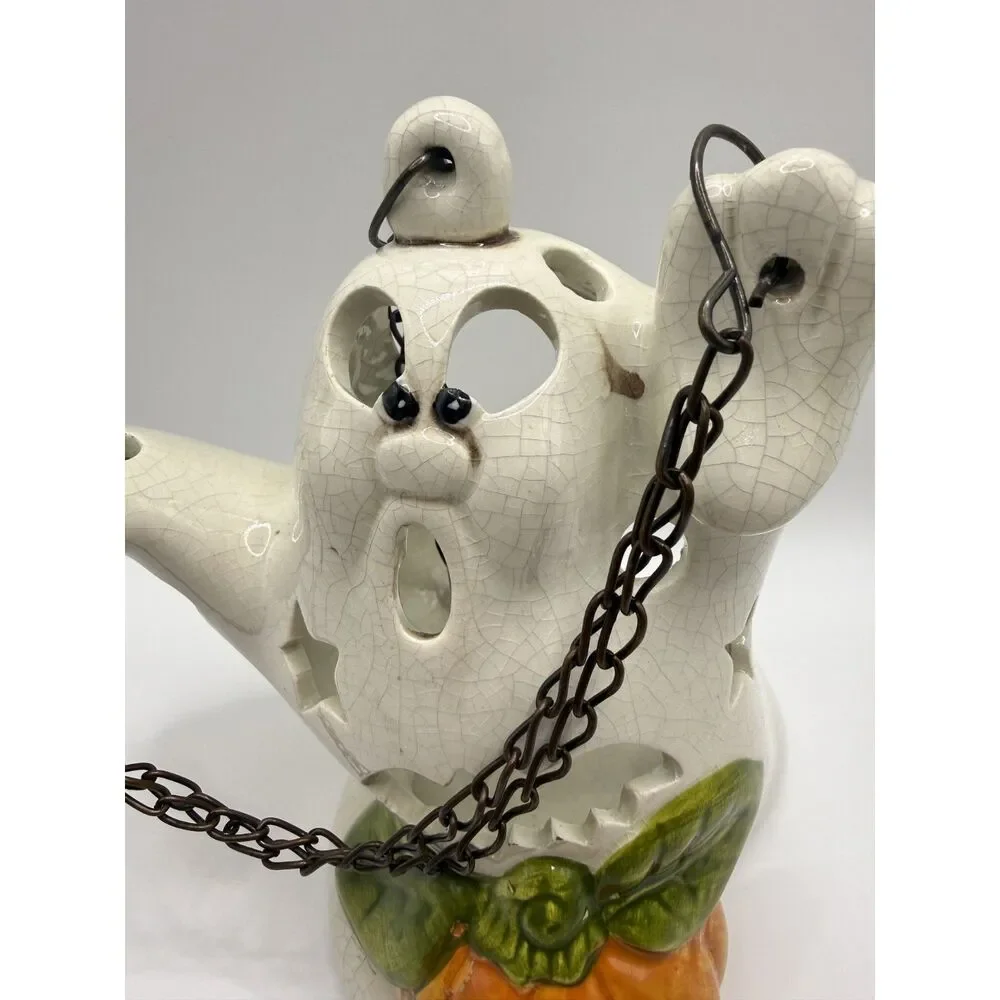 Vintage Ceramic Halloween Ghost Candle Holder Hanging Lantern Chain Pumpkins Set