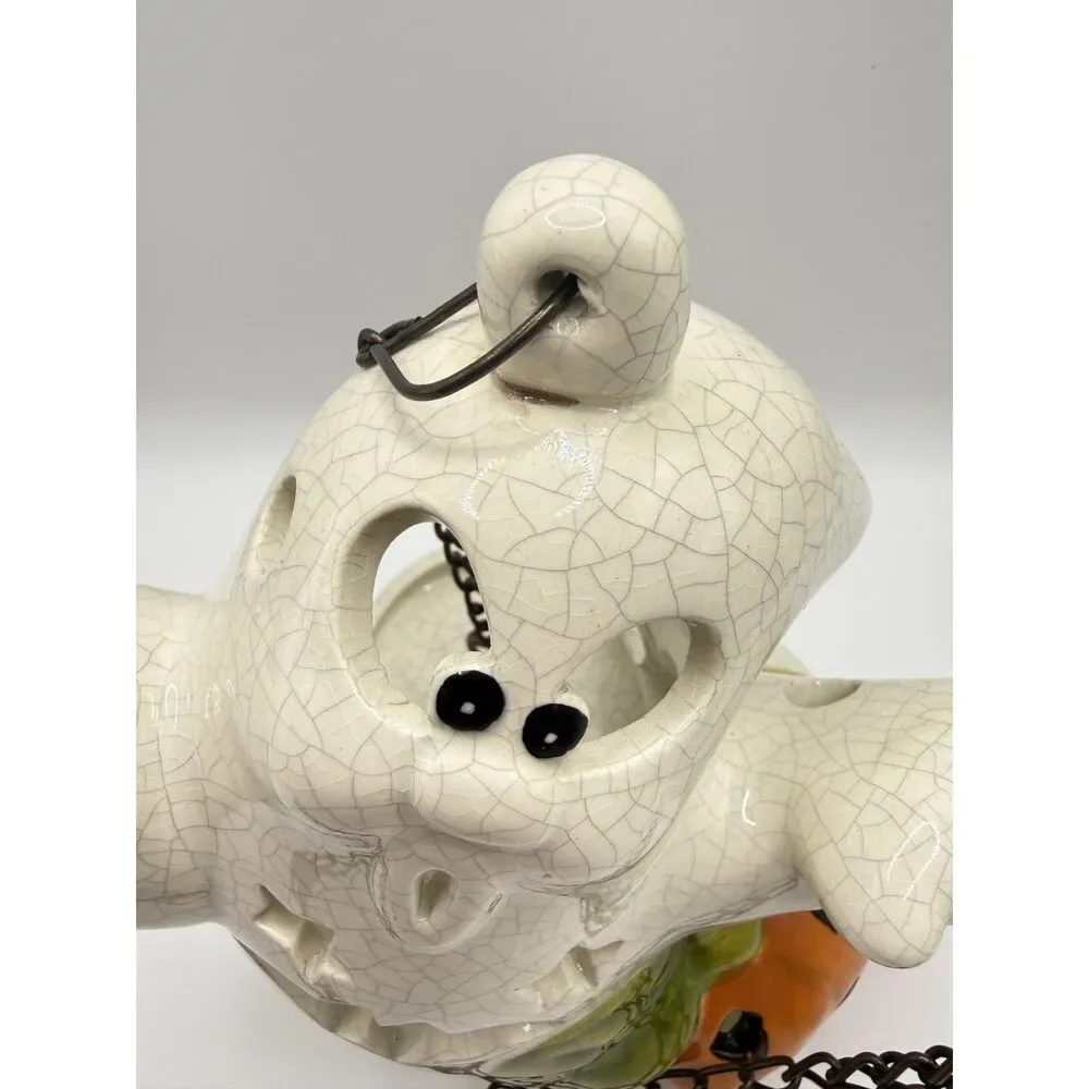 Vintage Ceramic Halloween Ghost Candle Holder Hanging Lantern Chain Pumpkins Set