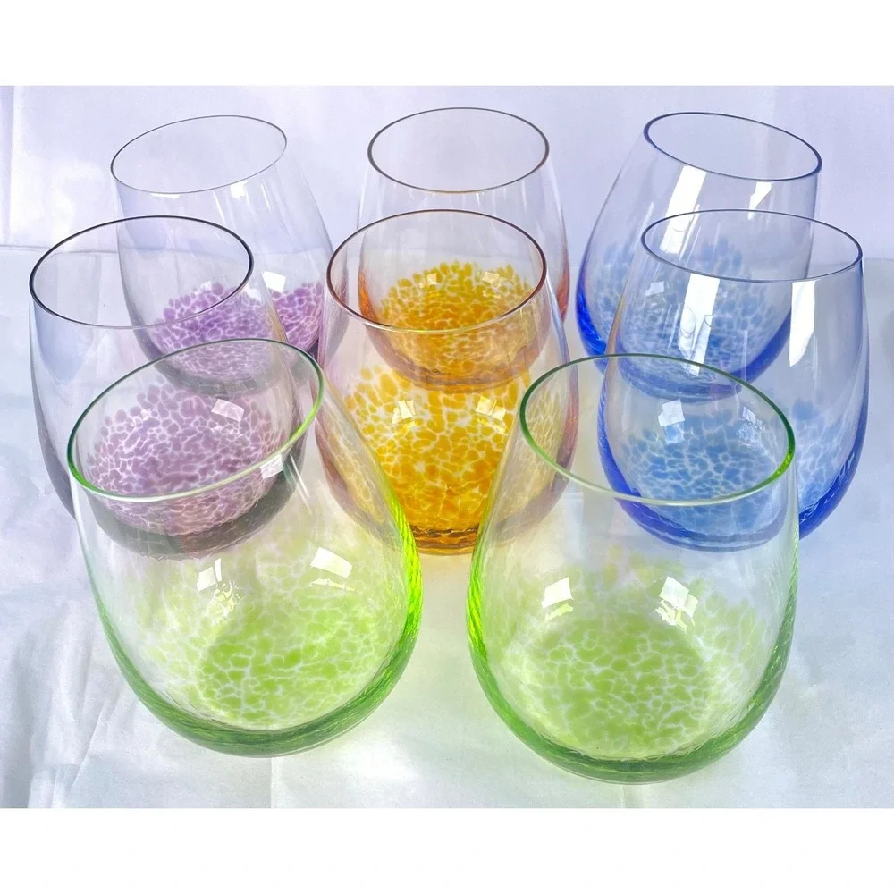 Art Glass Stemless Wine Glasses Set 8 Multicolor‎ Hand Blown Style 13 Oz