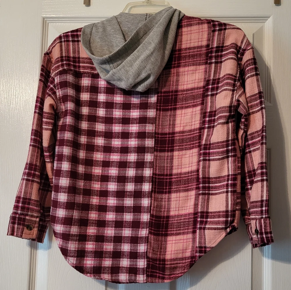 Justice Long Sleeve Plaid Flannel Shirt with Hood