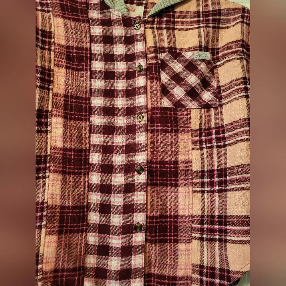 Justice Long Sleeve Plaid Flannel Shirt with Hood
