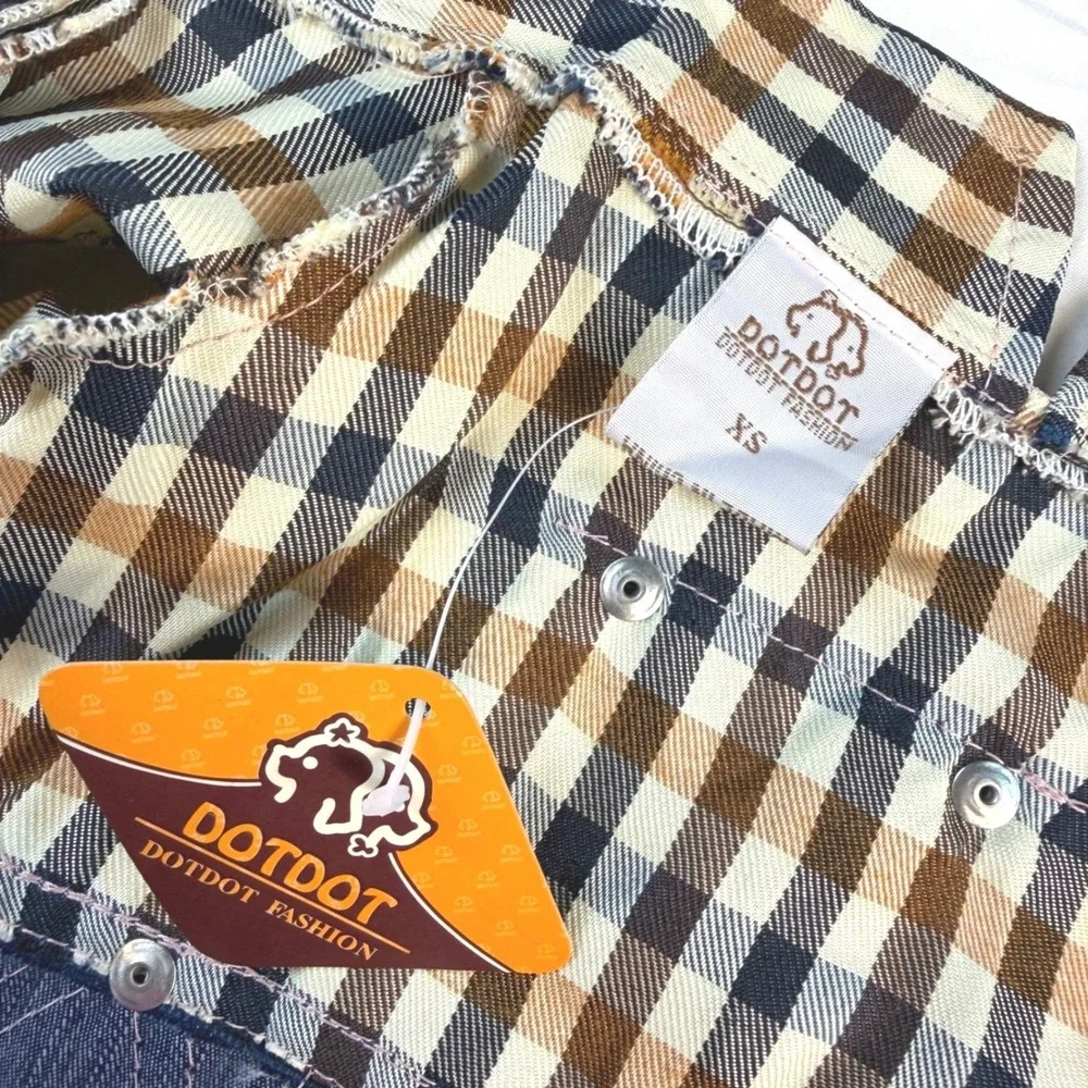 DotDot‎ Fashion Dog Overalls XS Blue Brown Plaid Denim Pet Jumpsuit NWT