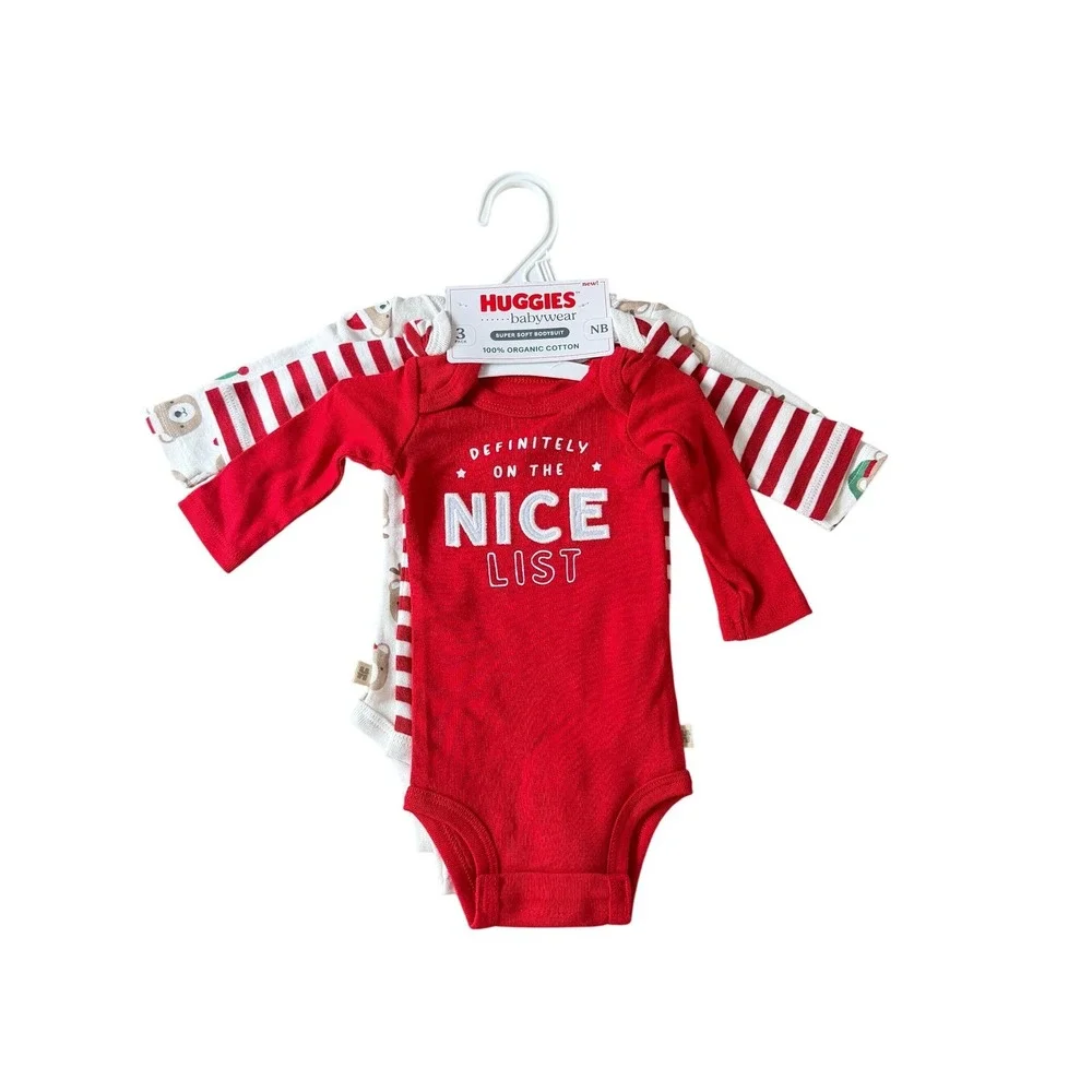 Huggies‎ Babywear Newborn 3PK Organic Cotton Long Sleeve Bodysuits Holidays NB