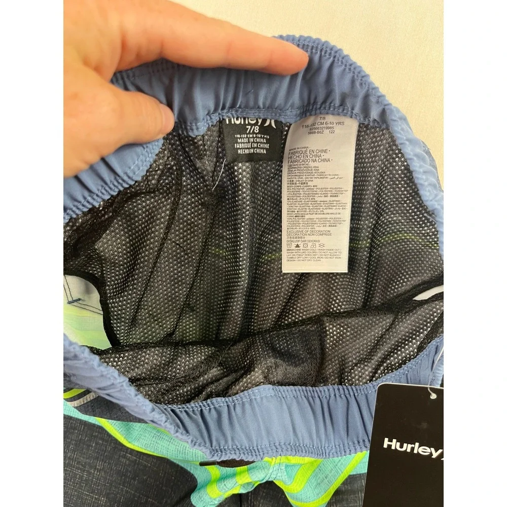 Hurley Boys Board Shorts Blue Green Striped Swim Trunks Size 7/8 985888-B6Z
