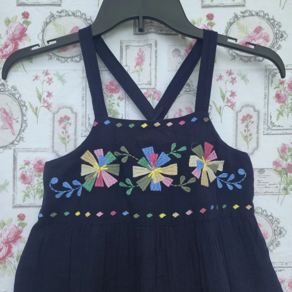 Gap Girls Navy Blue Cotton Tiered Dress Colorful Embroidered Flowers Sz‎ L 10-12