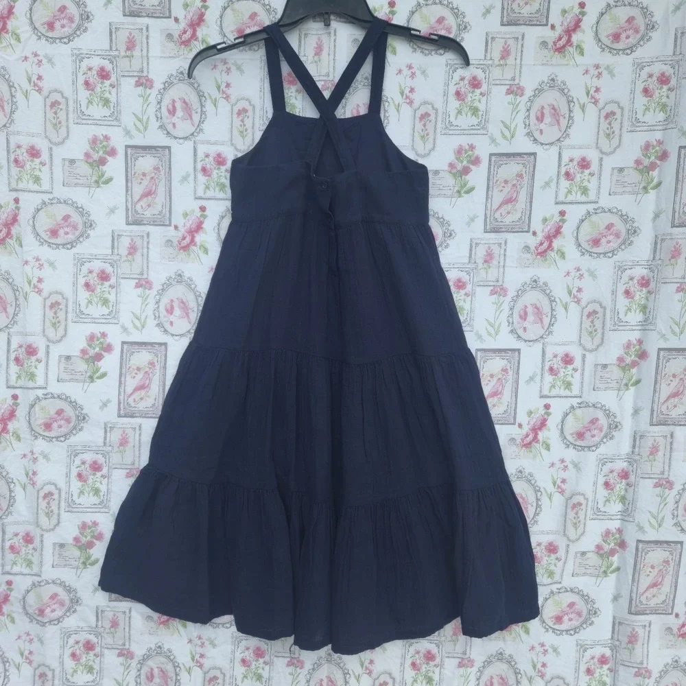 Gap Girls Navy Blue Cotton Tiered Dress Colorful Embroidered Flowers Sz‎ L 10-12
