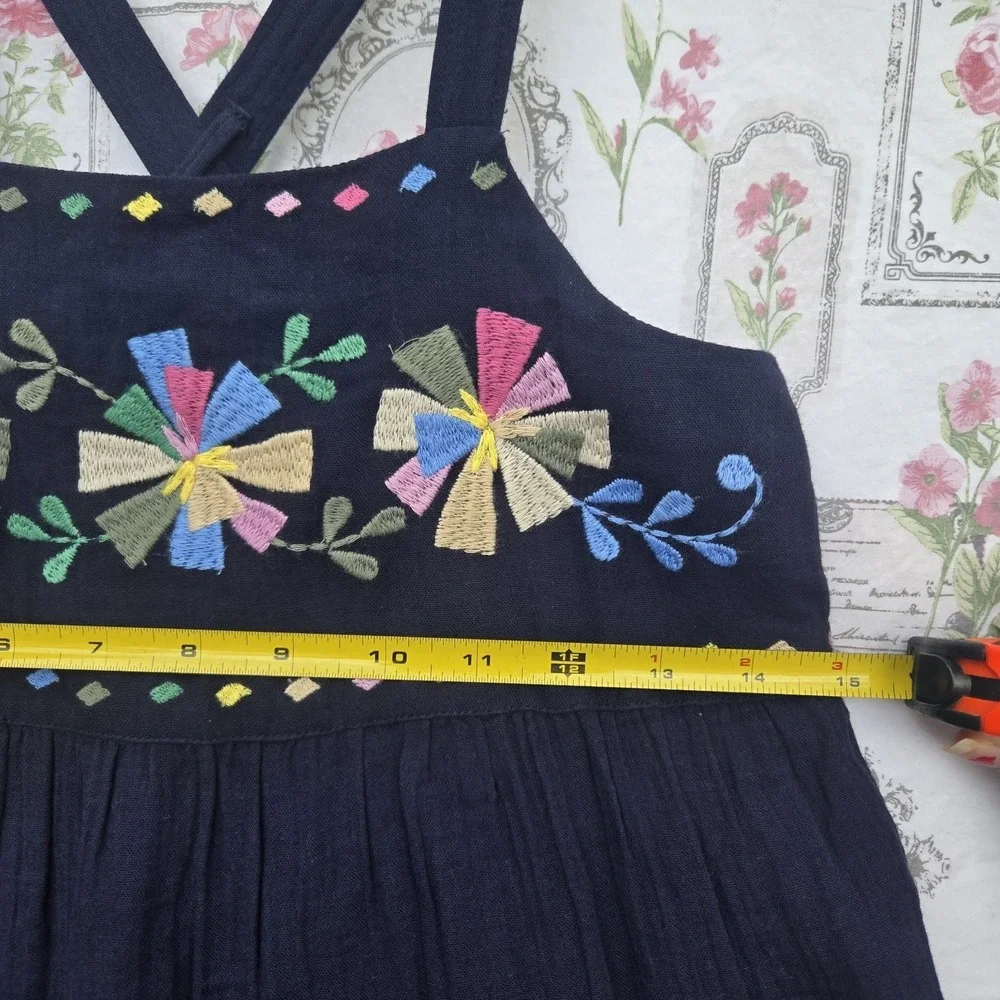 Gap Girls Navy Blue Cotton Tiered Dress Colorful Embroidered Flowers Sz‎ L 10-12