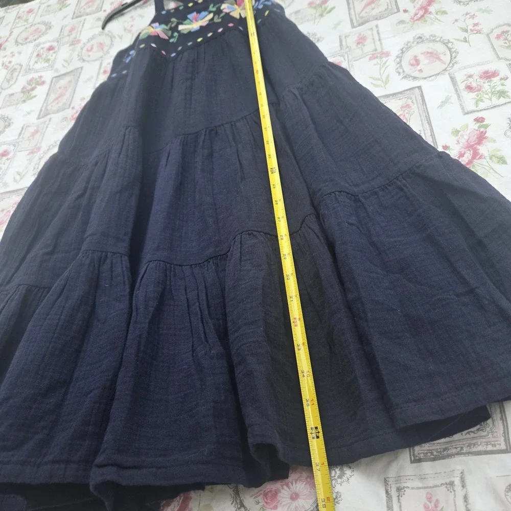 Gap Girls Navy Blue Cotton Tiered Dress Colorful Embroidered Flowers Sz‎ L 10-12