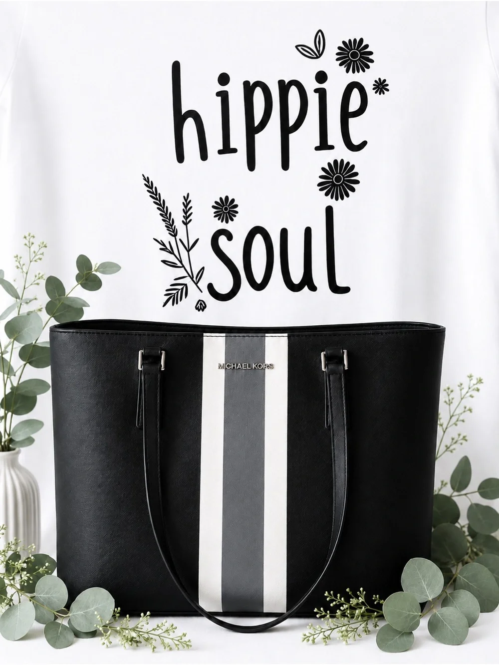 Michael Kors Black Tote with White and Gray Center Stripes