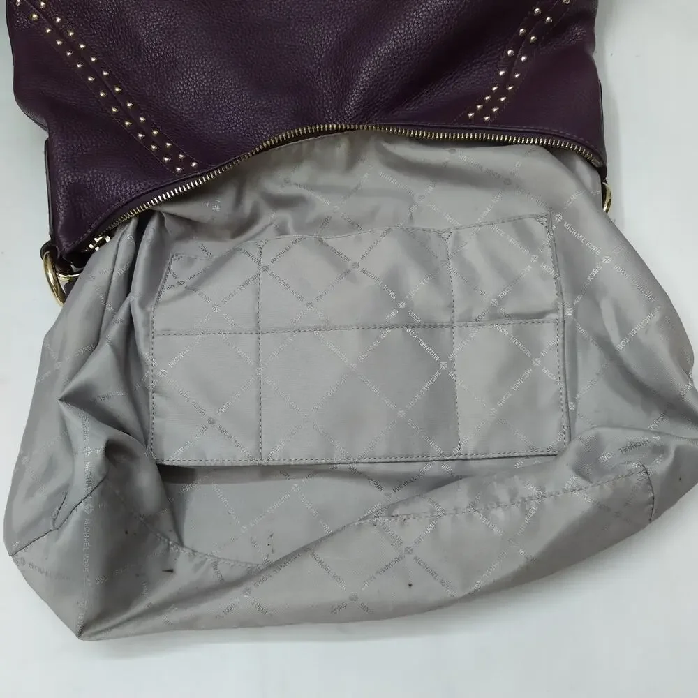 Michael Kors Aria Purple Pebbled Leather Studded Zipper Closure Shoulder Bag