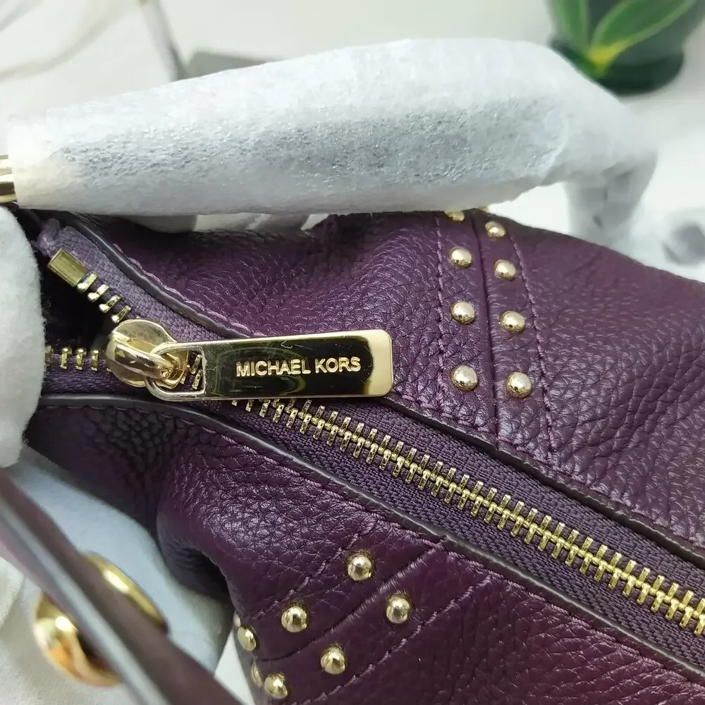 Michael Kors Aria Purple Pebbled Leather Studded Zipper Closure Shoulder Bag